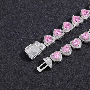 Hip hop 10mm pink heart zircon necklace with silver micro-pave crystals on black background