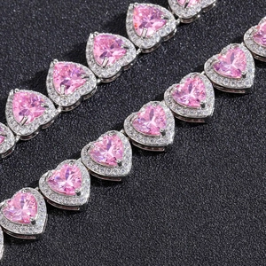 Pink heart-shaped zircon necklace with micro-pave setting in 10mm hip-hop style