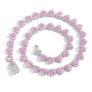 Pink heart-shaped micro-pave zirconia tennis necklace with silver-tone prong setting