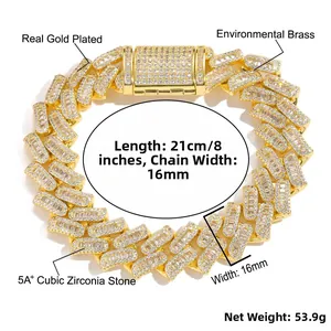 Detailed view of 16mm gold plated brass Cuban link chain with 5A+ cubic zirconia stones