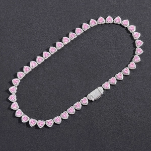 Iced out pink heart tennis necklace with micro-paved cubic zirconia stones