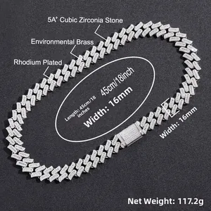 Detail of 16mm silver Cuban link chain with 5A cubic zirconia and rhodium plating