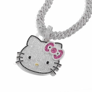 Iced Out Hello Kitty Anhänger mit rosa Zirkonia und kubanischer Kette im Hip-Hop-Stil