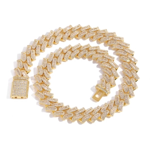 Luxury 16mm gold plated Miami Cuban chain necklace with baguette and round zircons