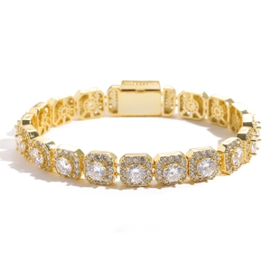 Bracelet tennis doré luxueux avec pierres de zircon halo et fermoir à boîte sécurisé