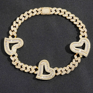 Hip hop gouden Cuban link ketting met hart hangers en sprankelende zirkonia stenen