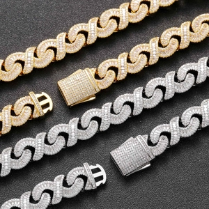 Bracelet chaîne XO 12mm de luxe en or et argent avec pierres en zircone cubique glacées