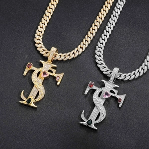 Colgante de cruz hip hop con cadena cubana, circonitas de colores y corazón rosa en oro y plata