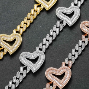 Hip hop hart hangers op cubaanse kettingen met zirkoon in goud zilver en roségoud