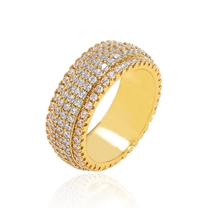 Anello Hip Hop a 5 File Pave Iced Out per Uomo Rame Zirconia Placcato Oro Argento Fascia Larga Gioielli di Moda Regalo