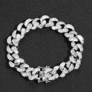 Bracciale cubano argento 13mm con zirconi baguette e chiusura sicura in stile hip-hop