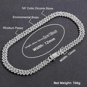 Détail de la chaîne cubaine argent 12mm avec zircones, montrant longueur 45cm et poids 106g