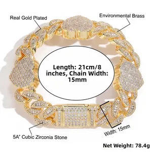 Bracelet cubain 15mm en plaqué or avec fermoir coeur et pavé de zircones 5A+