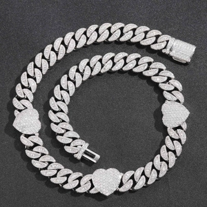 Collier Chaîne Maille Gourmette Cœur Hip Hop Zircone Iced Out Cuivre Plaqué Or Véritable Argent Bijoux pour Hommes Femmes Fête Accessoire