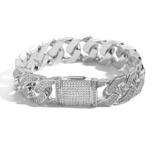 Herren 16mm Hip Hop Cuban Link Armband mit eisigen silbernen Zirkonia Steinen