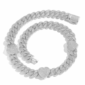 Collier chaîne cubaine 15mm pour homme avec cœurs et zircons style hip hop