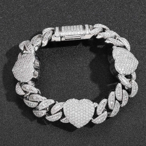 Bracelet Cuban cœur 15mm avec zircons argentés sertis pour homme style hip hop tendance