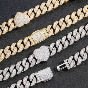 Bracelets gourmette cubaine 15mm avec cœur serti de diamants en or et argent hip hop