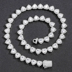 Collana tennis con zirconi 10mm taglio cuore e chiusura a molla argento per stile hip hop