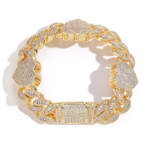 Bracelet maille cubaine 15mm coeur or avec zircons cubiques iced out hip hop pour homme