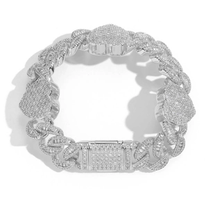Bracelet Cuban link 15mm argenté avec cœurs et zircons sertis pour hommes hip-hop
