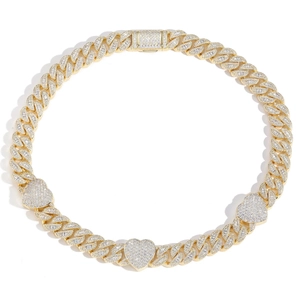 Collier chaîne cubaine dorée de 15mm avec pendentifs cœur sertis de zircons brillants