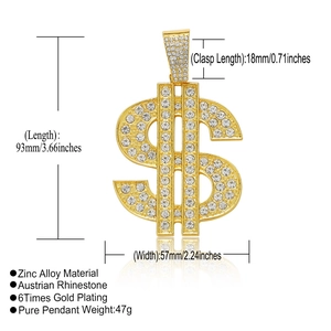 Detailed view of gold plated dollar sign pendant with dimensions and Austrian rhinestones