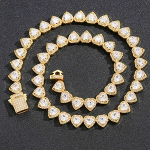Collana tennis a cuore 10mm in argento 925 placcato oro con zirconi per stile hip hop