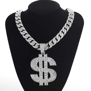 Silver iced out Cuban link chain with a large rhinestone dollar sign pendant for men