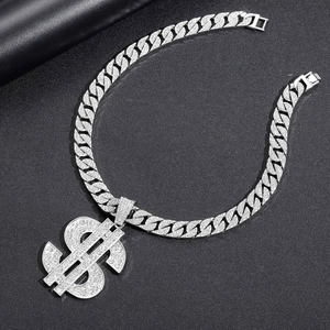 Hip hop silver Cuban chain with large dollar sign pendant and pavé rhinestones for men
