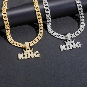Hip Hop KING Crown Letter Pendant Necklace Zinc Alloy Rhinestone Men Iced Out Cuban Link Chain Jewelry Gold Silver