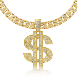 Hip-hop gold plated Cuban link chain necklace with large iced-out dollar sign pendant for men