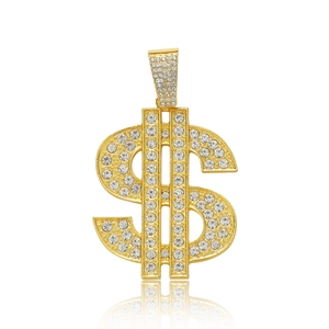 Macro shot of hip hop dollar sign pendant with sparkling pavé crystals on white background