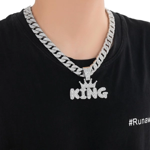 Iced out silver KING crown pendant with thick Cuban link chain necklace for men
