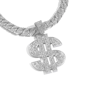 Silver hip hop Cuban chain necklace with a large iced-out dollar sign pendant