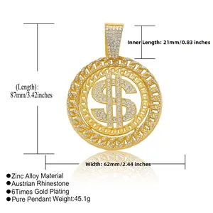 Detailed size specifications of the gold dollar sign pendant with iced-out crystals