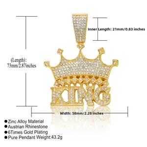 Specifiche del ciondolo KING hip hop dorato con strass e dimensioni dettagliate del prodotto
