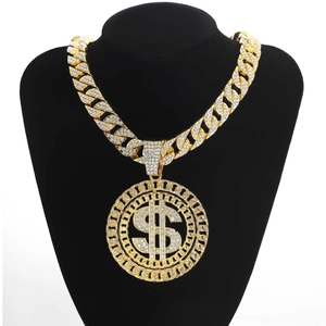 Hip Hop Dollar Sign Round Pendant Necklace Alloy Rhinestone Iced Out Cuban Link Chain For Men Street Jewelry Gold Silver
