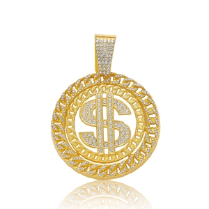 Golden hip hop dollar sign pendant with iced-out crystals on a polished cuban chain