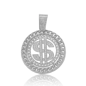 Macro detail of iced out silver dollar sign pendant with micro paved sparkling zircon stones