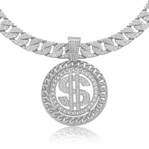 Hip hop silver dollar sign pendant with iced out cuban link chain for street fashion