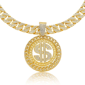 Iced out hip hop dollar sign pendant necklace with gold plated cuban link chain for men