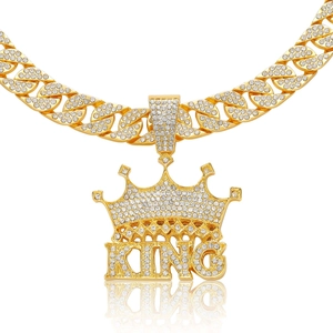 Collana con Ciondolo Corona King Hip Hop Iced Out Lega Strass Alfabeto Gioielli per Uomo Festa Streetwear