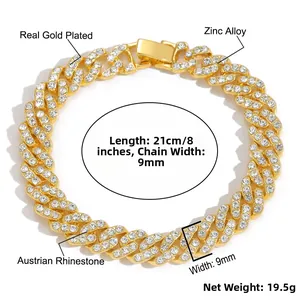 Detailed view of 9mm gold-plated Cuban link bracelet with hand-set Austrian rhinestones