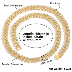 Detail showing 9mm gold-plated iced out Cuban chain with 45cm length and 56.7g weight