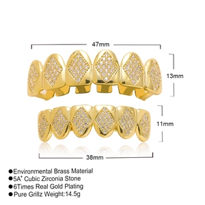 Detailed dimensions of gold plated hip hop grillz set with 5A+ cubic zirconia stones