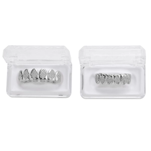 Silver plated iced out grillz set with cubic zirconia stones in individual display boxes