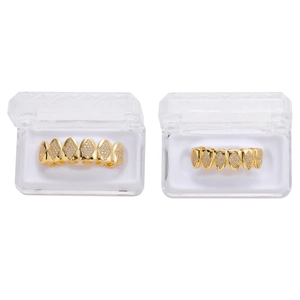 Detail of gold hip hop grillz set with micro-pave cubic zirconia and clear storage case