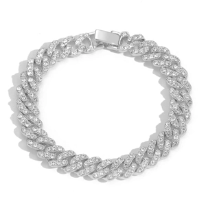 Detailed view of silver 9mm Cuban link chain with paved round cubic zirconia stones