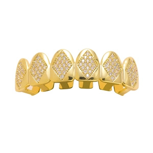 Close-up of gold-plated hip hop grillz with micro-pave cubic zirconia in diamond pattern